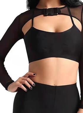 Umbilical top with transparent front placket and shawl
