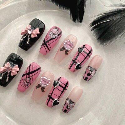 Pink Black False Nails with Pearls Lightweight and Easy to