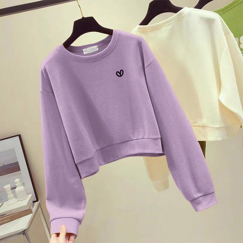 专柜圆领套头短款卫衣女春秋新款时尚韩版宽松小个子加绒加厚上衣