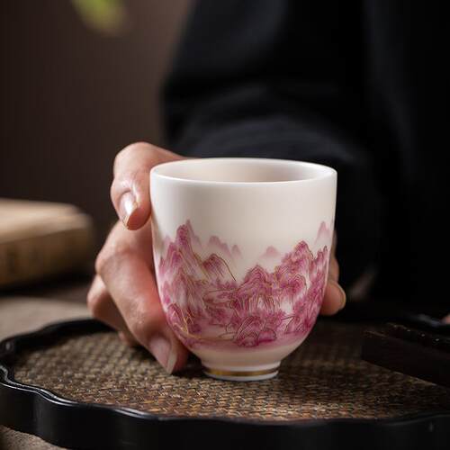 素烧羊脂玉瓷江山如画茶杯陶瓷个人专用喝茶品茗杯单杯茶盏主人杯