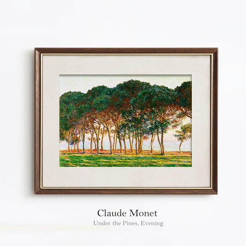 莫奈客厅装饰画傍晚松树下书房卧室壁画玄关小众覆古挂画立体装裱