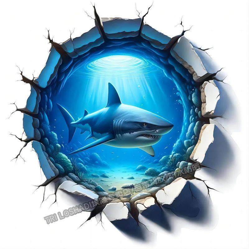 海洋凶猛鲨鱼墙面门窗房间装饰3D效果平面贴画自粘浴室鲸鱼贴花纸