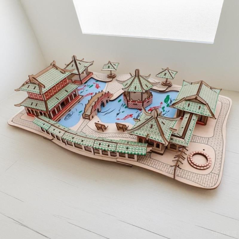 苏州五亭桥园林宝塔寒山寺阅江楼古建筑拼装模型手工立体木质拼图