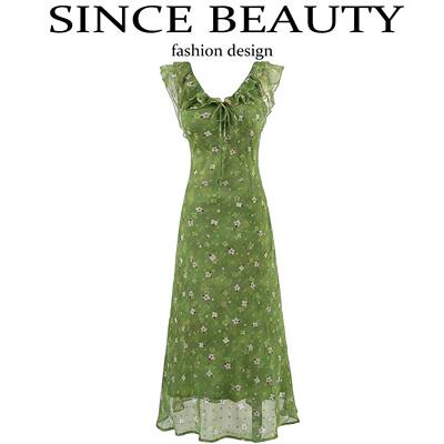 Since Beauty法式覆古碎花绿色1/4吋套筒扳手袖洋装2025夏新款度