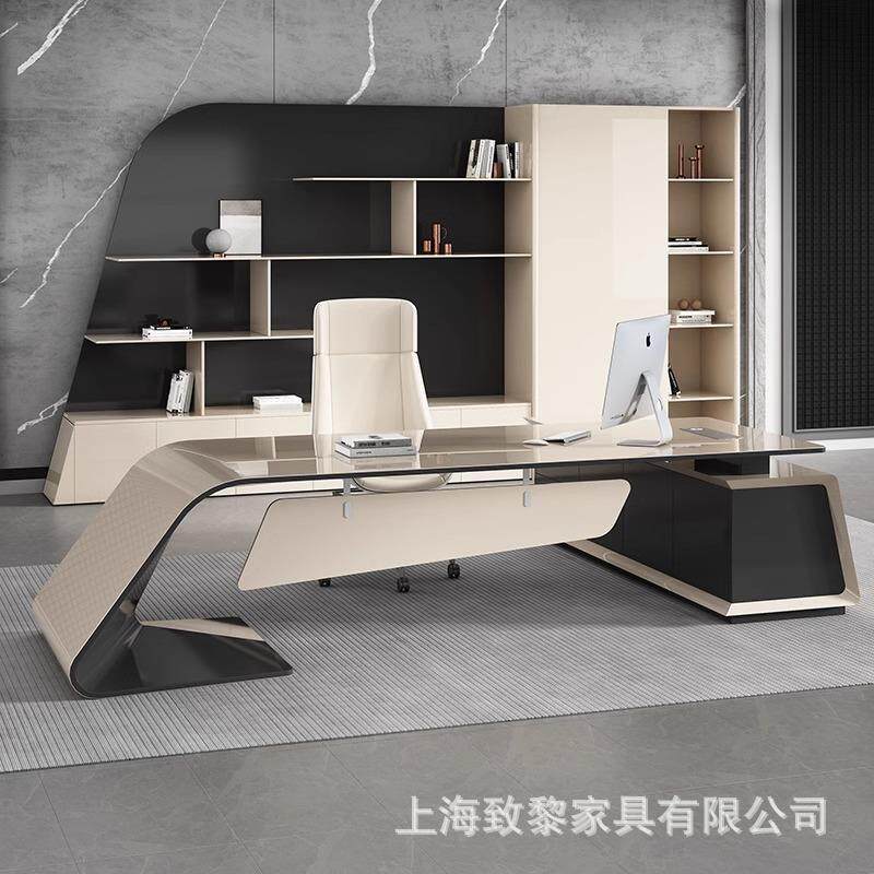 烤漆老板桌总裁办公桌轻奢高级感简约现代经理桌总裁大班台文件柜
