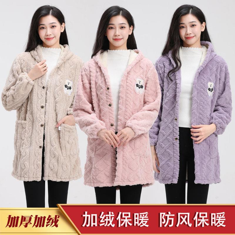 冬季加绒保暖罩衣女士大人双面绒厨房围裙时尚加厚护衣韩版工作服
