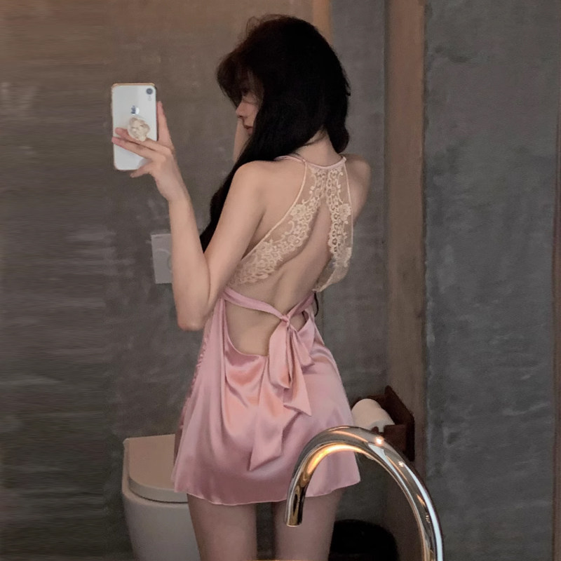 纯欲火辣妹吊带睡裙子蕾丝性感冰丝睡衣女夏季露背宽松薄款家居服