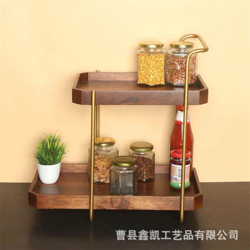 木制收纳架厨房台整理架双层胡桃木置物架橱柜桌面实木储物架