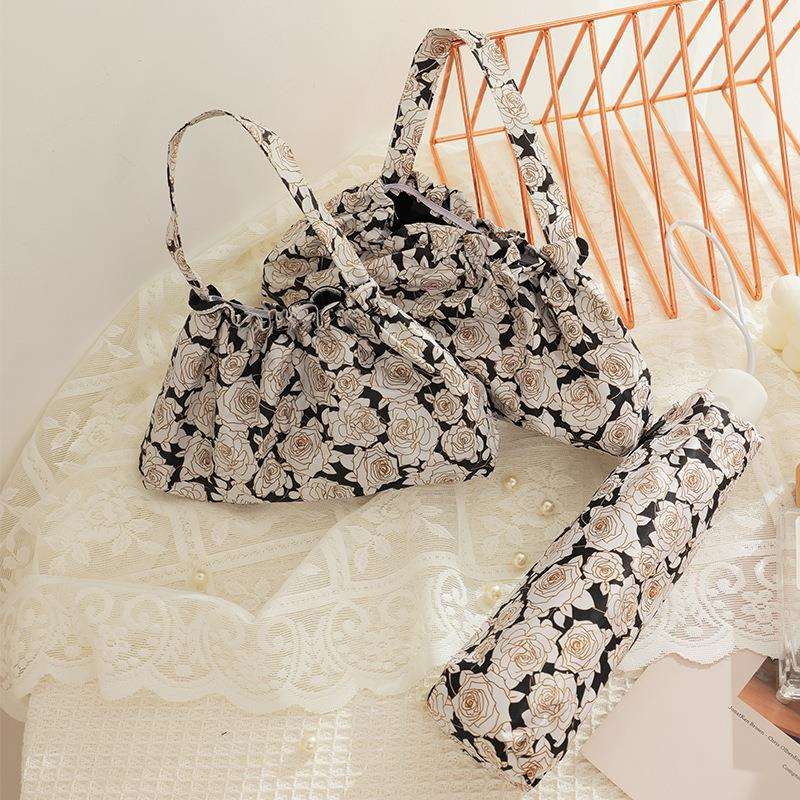 玫瑰花手提袋8骨五折伞刺绣三折自动伞黑胶遮阳太阳伞晴雨伞两用