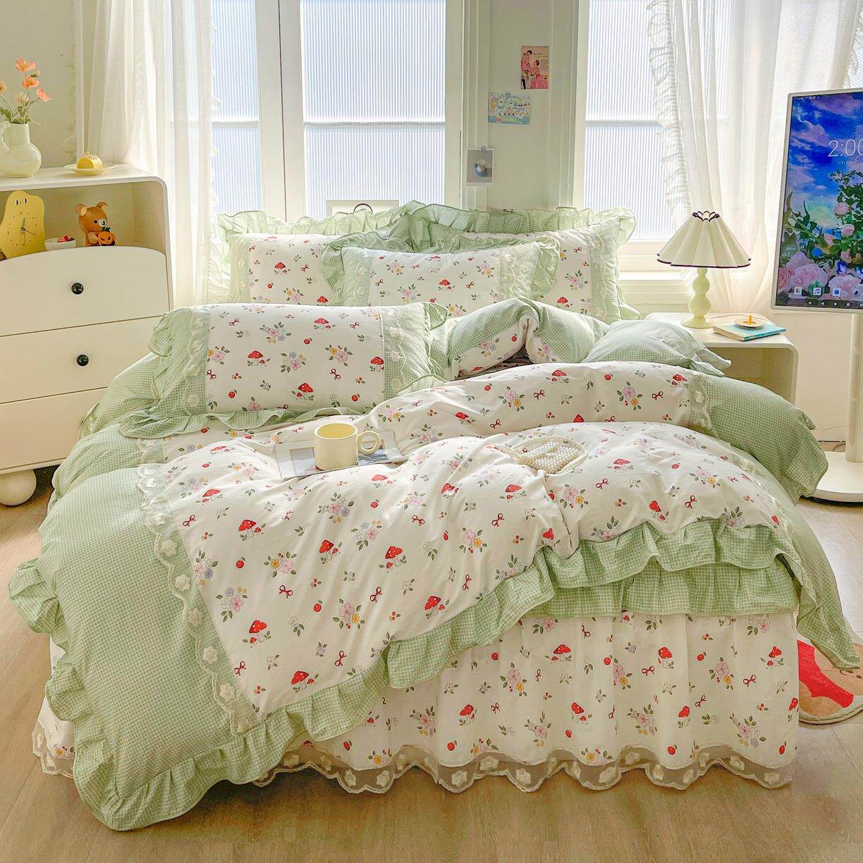 加厚全棉四件套纯棉床笠式夹棉床裙款荷叶边被罩套公主风床上用品
