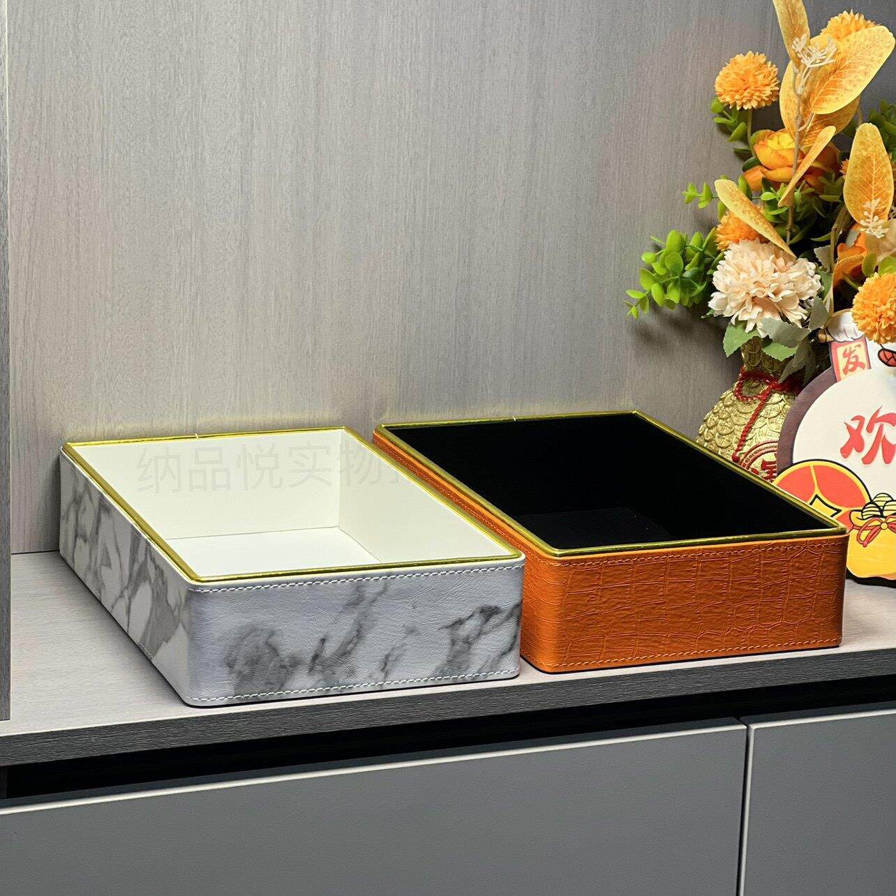 桌面收纳盒进门口玄关入户钥匙托盘大号首饰化妆品置物盒皮质轻奢