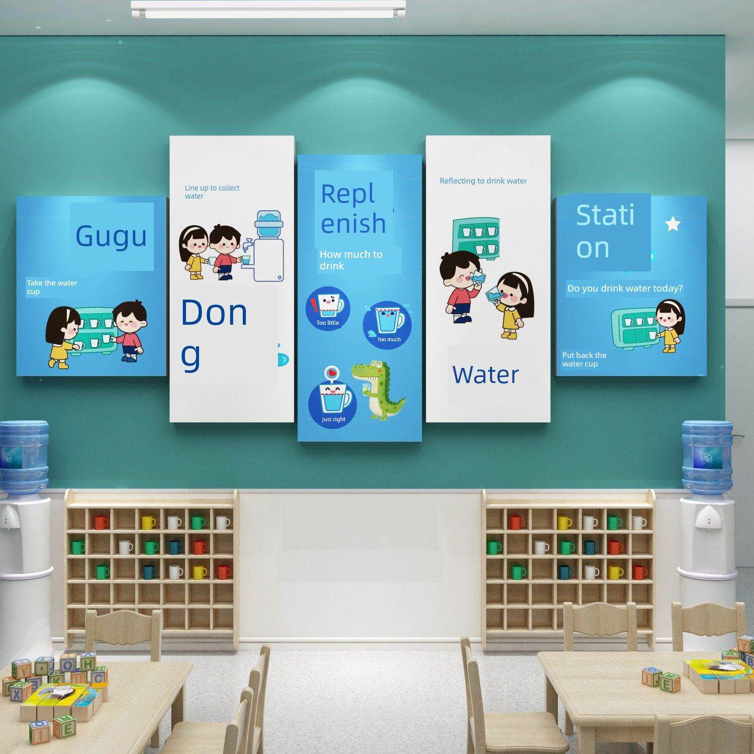 幼儿园饮水区环境创作主题墙成品布局装修关怀班中心背景图片墙贴