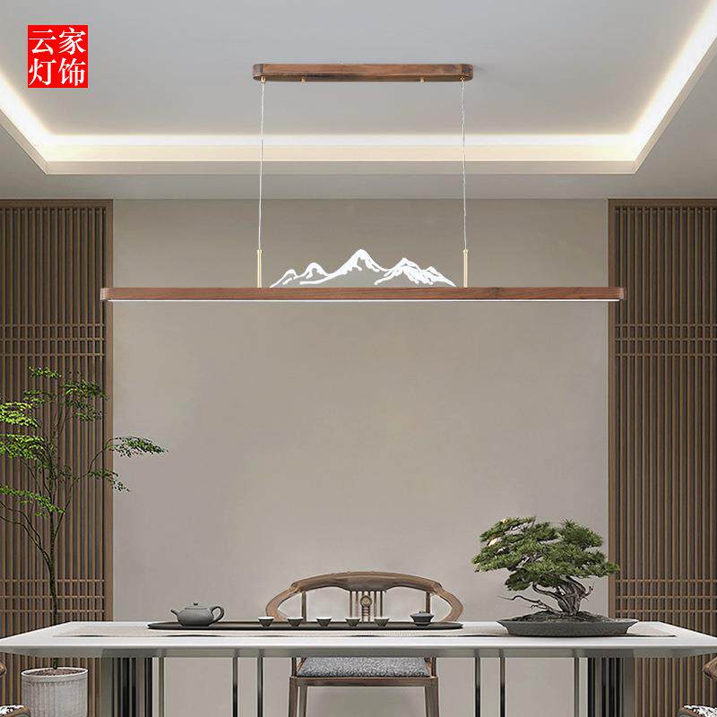 新中式黑胡桃实木铜古风书房茶室吧台线条餐厅复古一字长条吊灯