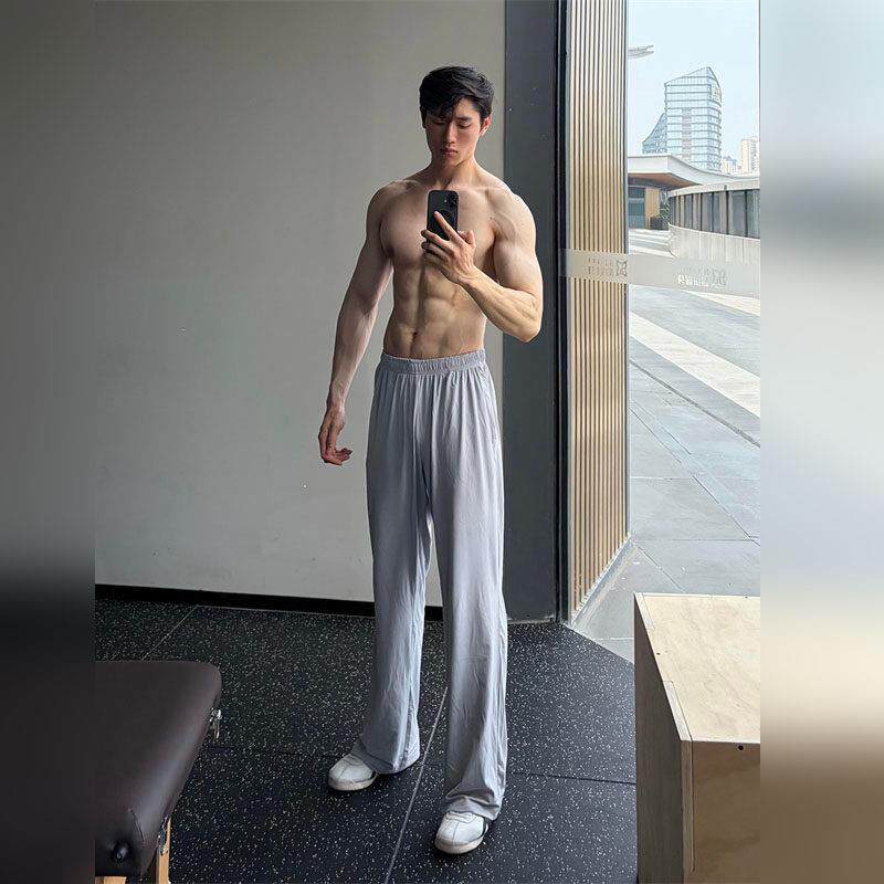 高端浅灰色微喇速干冰丝裤男款2026夏季高弹美式健身运动裤防晒裤