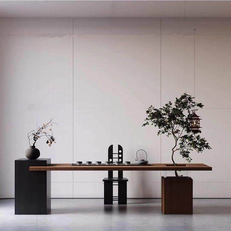 新中式茶台客厅家用茶几现代简约阳台茶桌设计师实木导台绿植茶桌