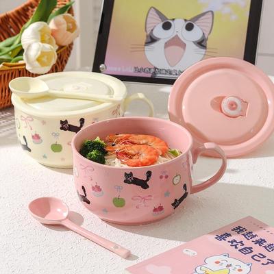 可爱猫陶瓷泡面碗宿舍大容量带盖可微波炉高颜值学生食堂碗带手柄