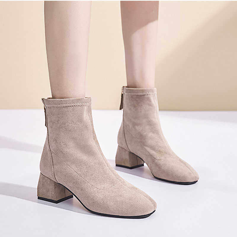 粗跟小短靴女2024新款秋冬季短筒绒面显瘦单靴方头中跟网红瘦瘦靴,女鞋,时装靴,淘宝优惠券,粉丝福利购,淘宝优惠卷