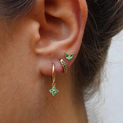 3PCS Exquisite Green Zircon Hanging Earrings Set for Women S