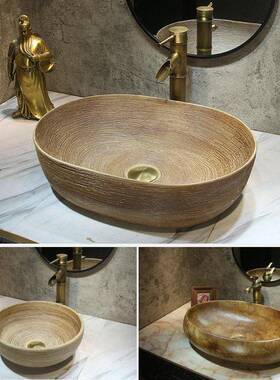 黄色台上盆复古艺术洗手盆卫生间小号洗脸盆陶瓷仿古做旧户外卫浴