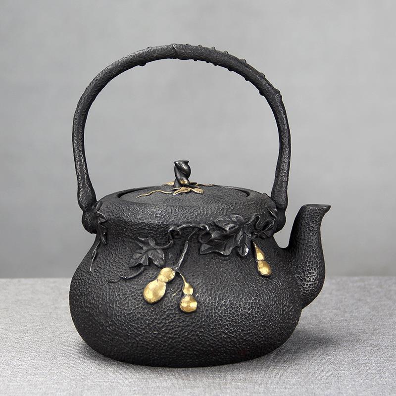 厂家茶具金葫芦中国风铸铁壶无涂层手工鎏金养生铁壶茶壶铁瓶