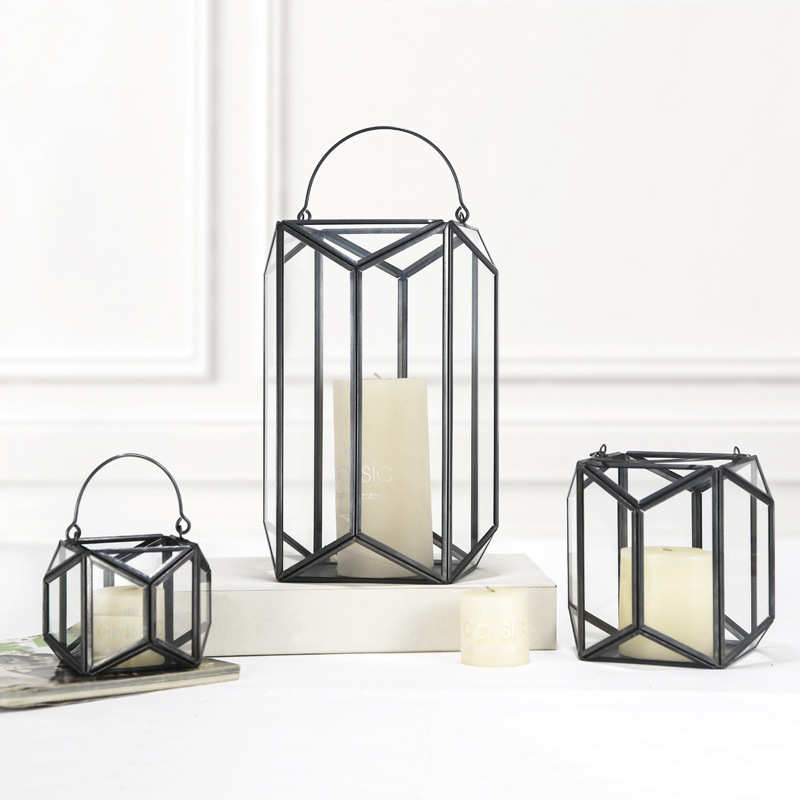 厂家批发手提几何玻璃风灯烛台创意北欧风灯工艺品摆件浪漫蜡烛台