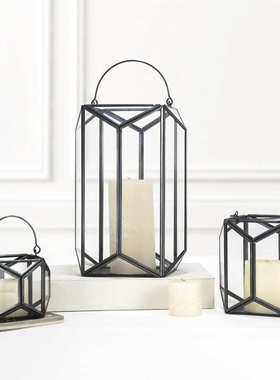 厂家批发手提几何玻璃风灯烛台创意北欧风灯工艺品摆件浪漫蜡烛台