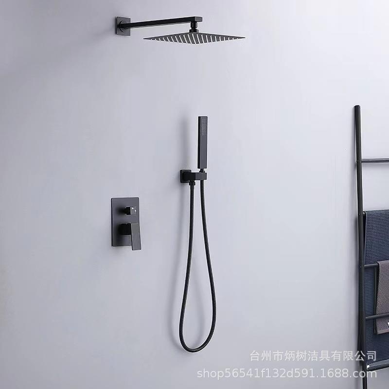 新款直销全铜黑色暗装入墙式淋浴花洒套装热熔淋浴器家用预埋式冷