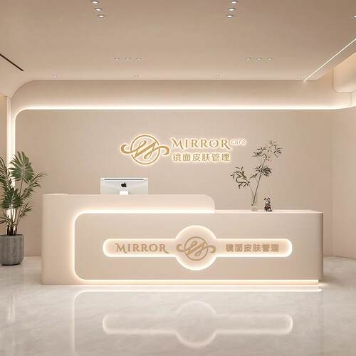 智能美容院吧台公司前台接待台桌服装店婚纱摄影舞蹈室弧形收银台