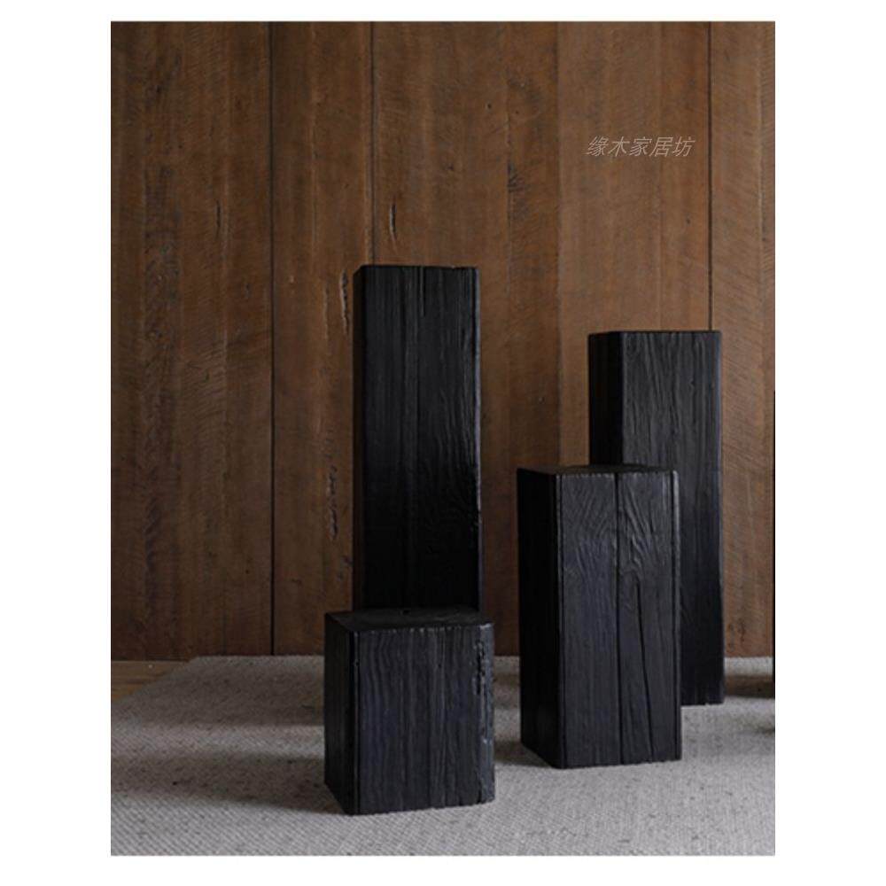 侘寂风方形炭化木墩子民宿创意复古木桩花架边几原木盆景架