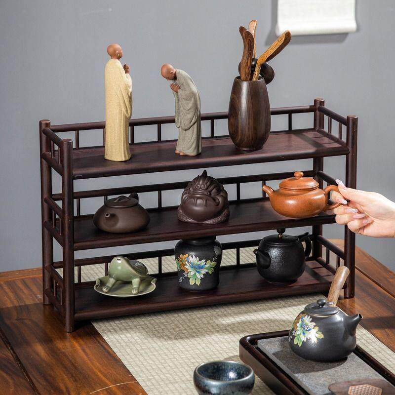 桌面置物架三层茶壶茶杯架紫砂壶茶具收纳架竹制茶棚置物架博古架