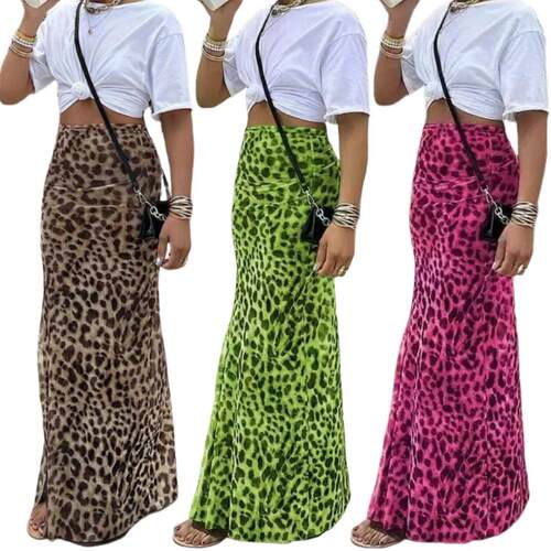 Womens High Waisted Leopard Print Mesh Skirt Long Plain