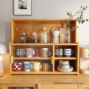 实木桌上收纳柜防尘置物架杯架小型带玻璃柜门边柜多层茶具储物架