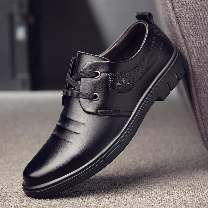 正品休闲皮鞋搭男款春季皮男士商务正装软底黑真色百皮韩牛版透气