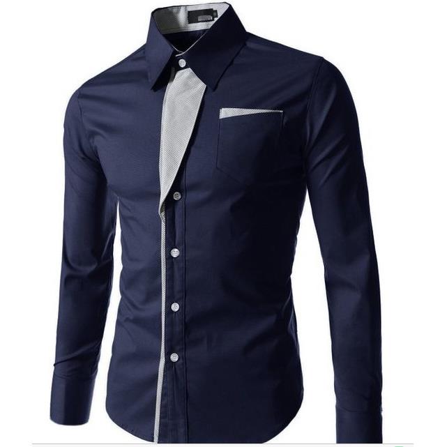 Mens Striped Long Sleeve Colorblock Slim Shirt Four Colors