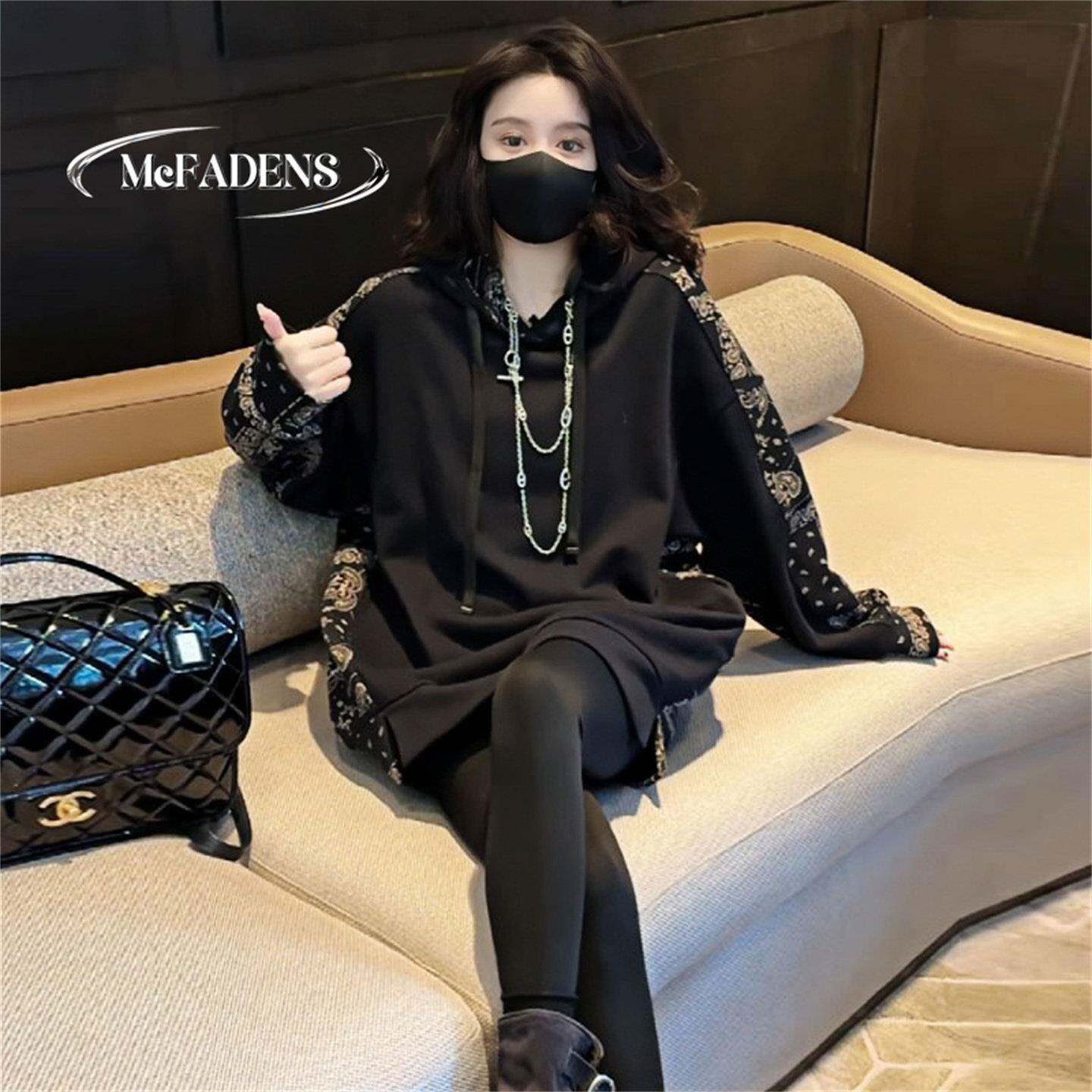 香港高级感拼色加绒卫衣女秋冬款宽松中长款休闲遮肉加厚连帽上衣