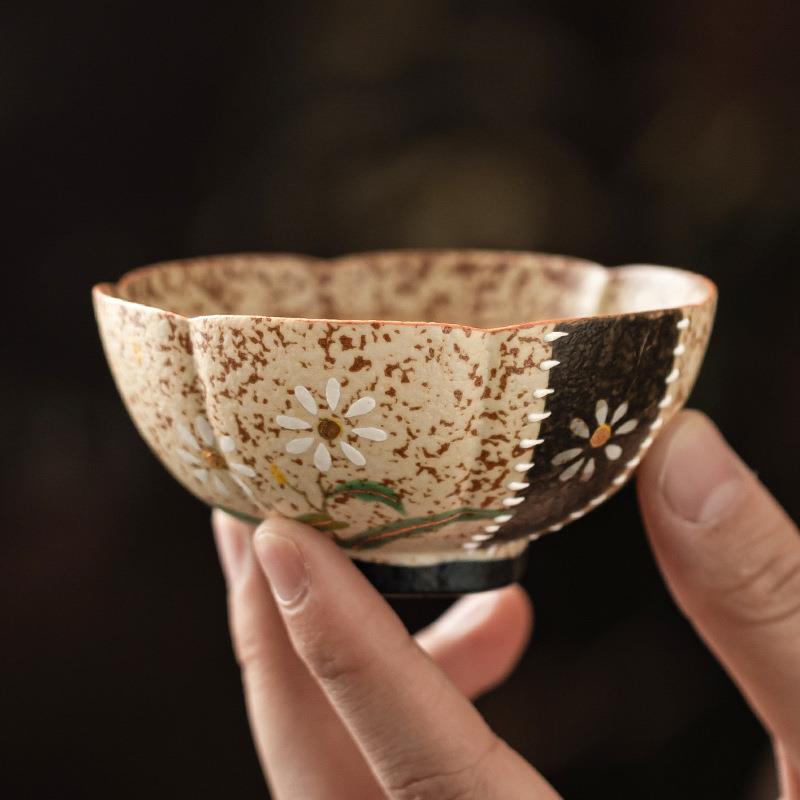 青茗花25JS03-1火陶石红瓷茶杯主人杯描金手绘小雏菊花口杯品杯子