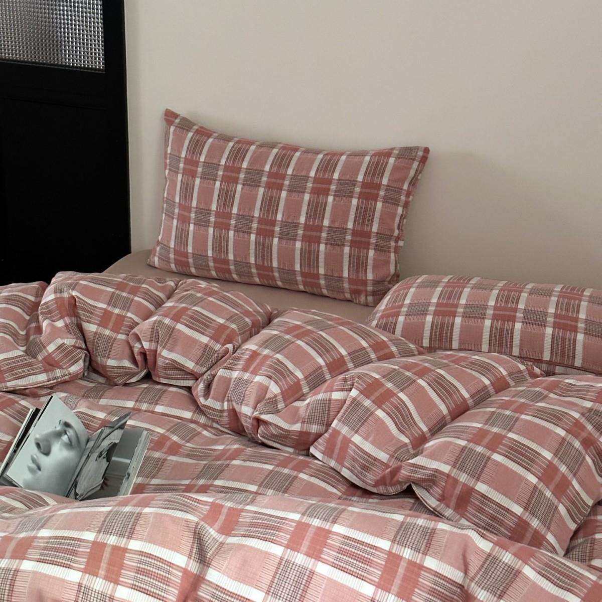 北欧复古格子全棉双层纱四件套小清新少女心纯棉被套双人床上用品