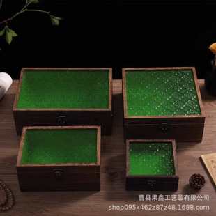 复古海棠玻璃桌面收纳盒实木带锁家用方形木盒证件杂物首饰储物盒