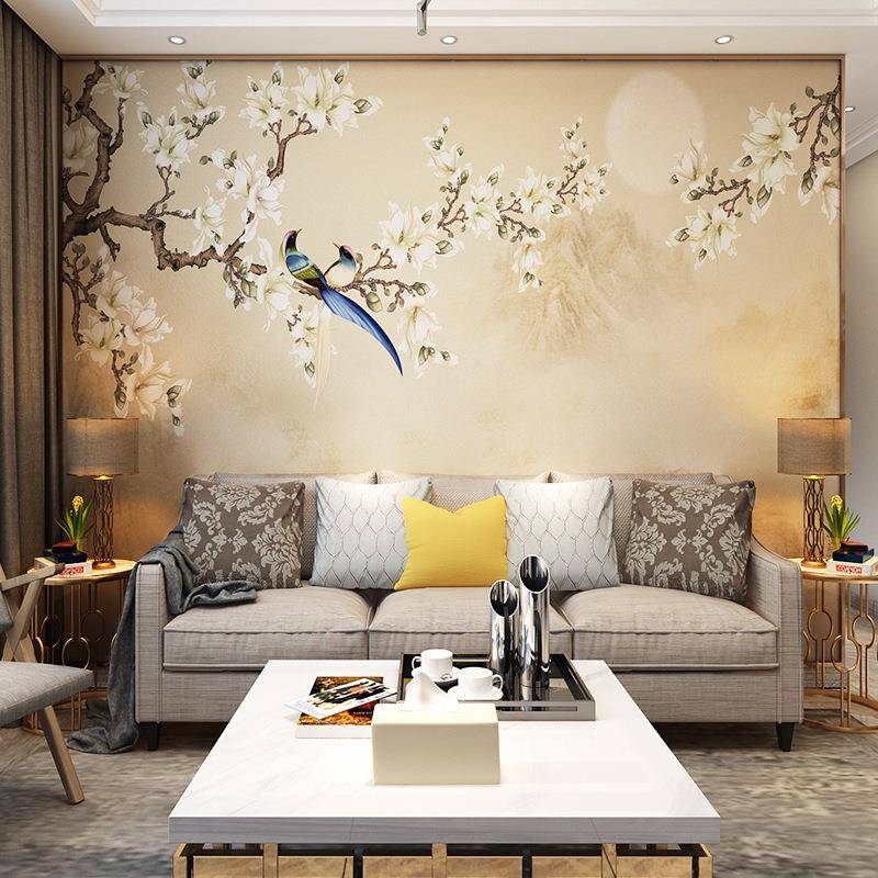 新款直销新中式电视背景墙壁画8d立体墙布花鸟5d墙纸现代壁布沙发