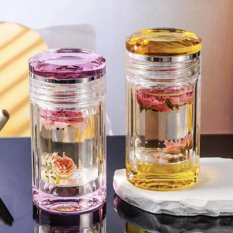 高档泡花茶玻璃水杯小巧女迷你双层可携式高颜值水晶钻石随手耐高