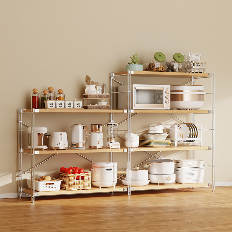 原木风日式厨房置物架多层落地收纳架微波炉厨房电器多功能储藏架