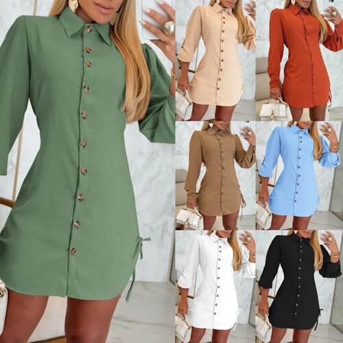 Women Button Down Shirt Dress Roll Tab Sleeve Side