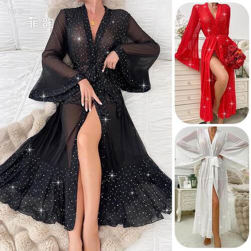 Bathrobe, sleeping robe, sequins, mesh, lotus leaf skirt,