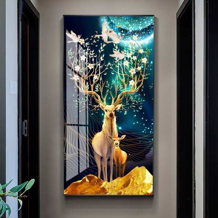 高档入户玄关装饰画进门墙壁画走廊过道挂画LED带灯竖招财鹿