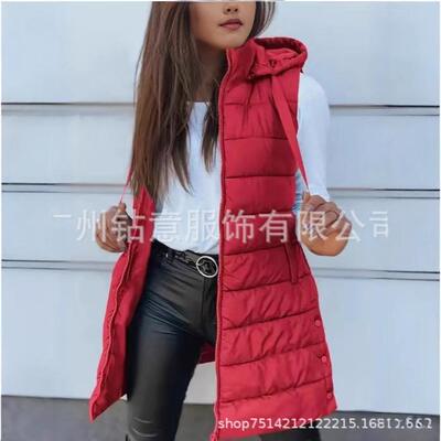 Women's zipper hooded cotton vest long jacket