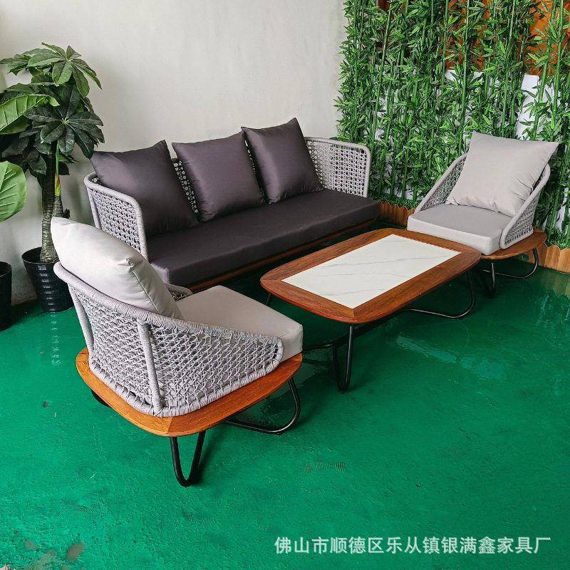 菠萝格实木沙发北欧防晒防水休闲样板房室外露台别墅户外绳编沙发