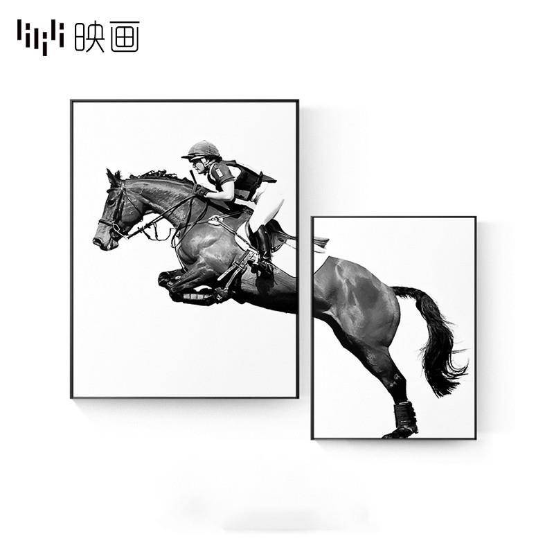 骑马装饰画餐厅书房马术客厅沙发黑白时尚双联挂画背景墙壁画组合图片