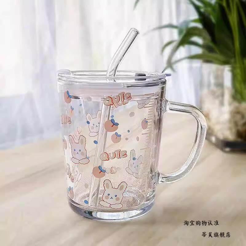 玻璃水杯带把手卡通吸管杯可爱牛奶杯早餐刻度杯带盖勺礼物便携杯
