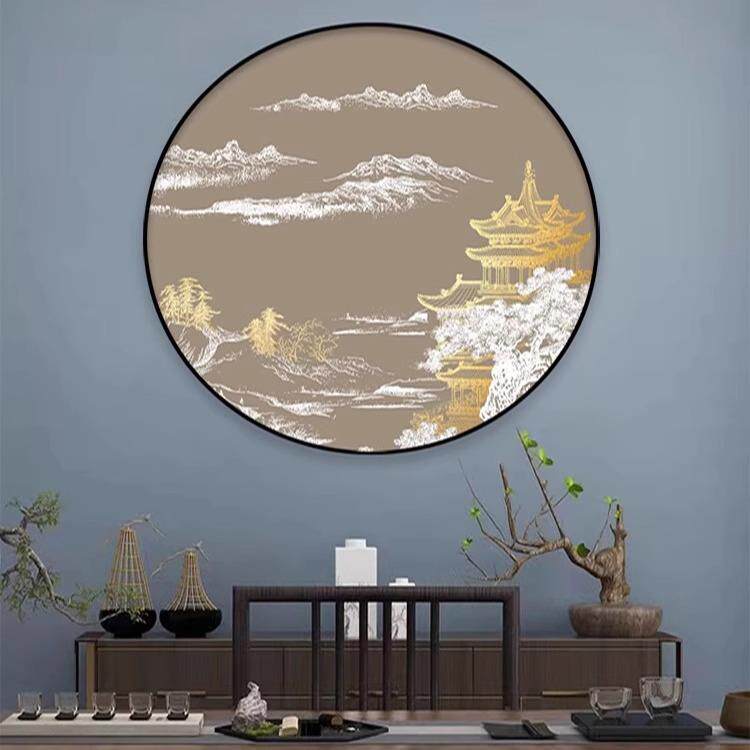 酒店客餐厅圆形浮雕挂画客厅软装立体画新中式玄关大气山水装饰画