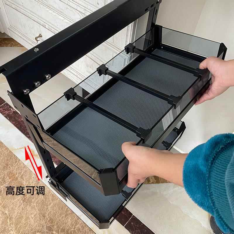 AL拉篮厨房橱柜侧装调味拉篮抽屉式窄调料小拉篮矮厨柜置物架铝